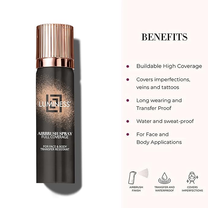 LUMINESS Airbrush Body Coverage - Tattoo Cover Up Makeup - Full Coverage Foundation for Face & Body - Water-Resistant, Long-Wear, Natural Radiant Finish, Deep Rich