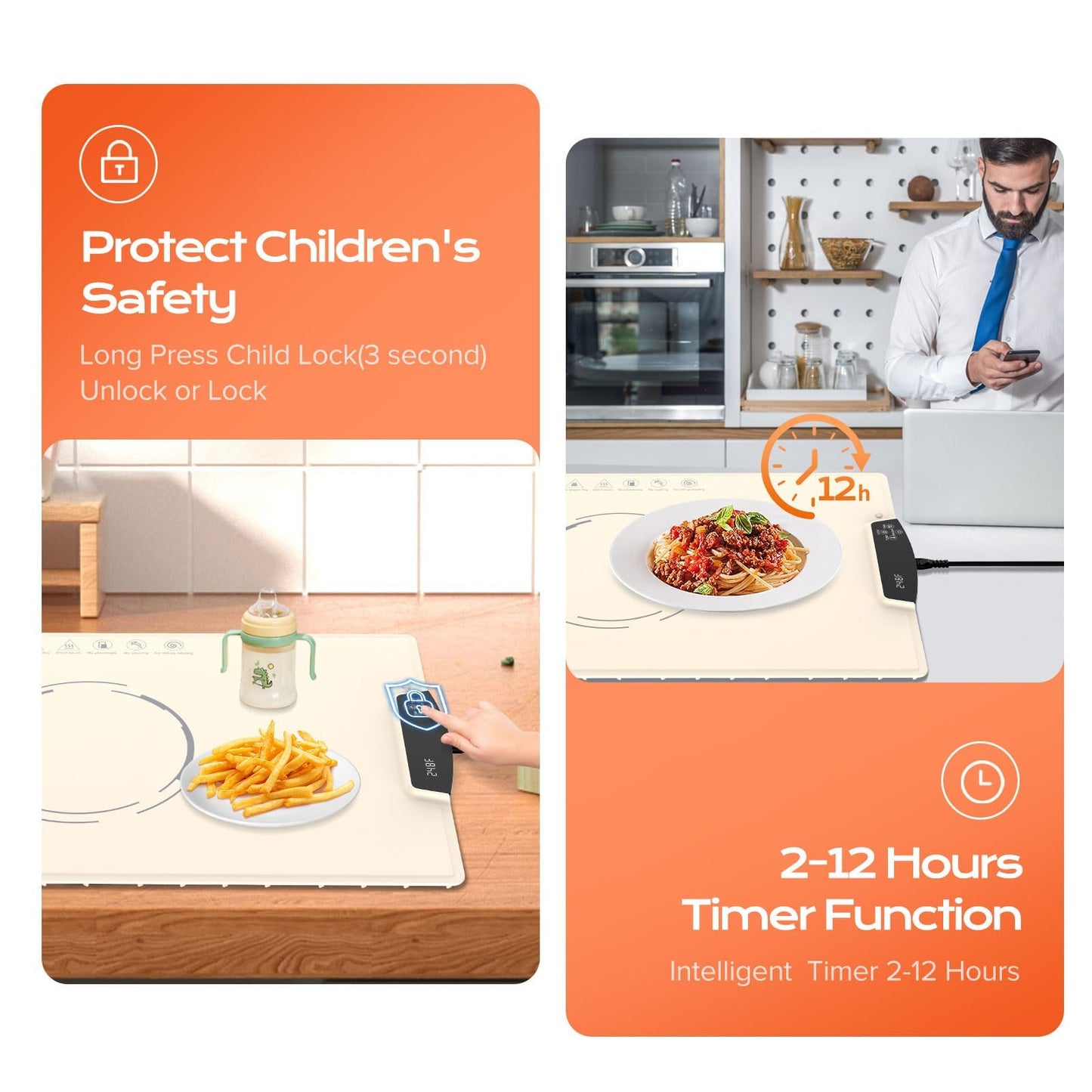 Warming Mat for Food with 9 Temperature Modes, 24"x16" Fast Heating & Foldable Food Warmer for Parties, 2-12Hr Auto Shut-Off & Child-Lock Silicone Heating Mat for Food, Holidays, Countertop, Daily Use