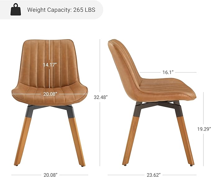 Art Leon Swivel Dining Chairs Set of 2, Mid Century Modern Kitchen Dining Room Chairs, Upholstered Faux Leather Armless Side Chair with Wood Legs for Living Room Bedroom, Yellow Brown