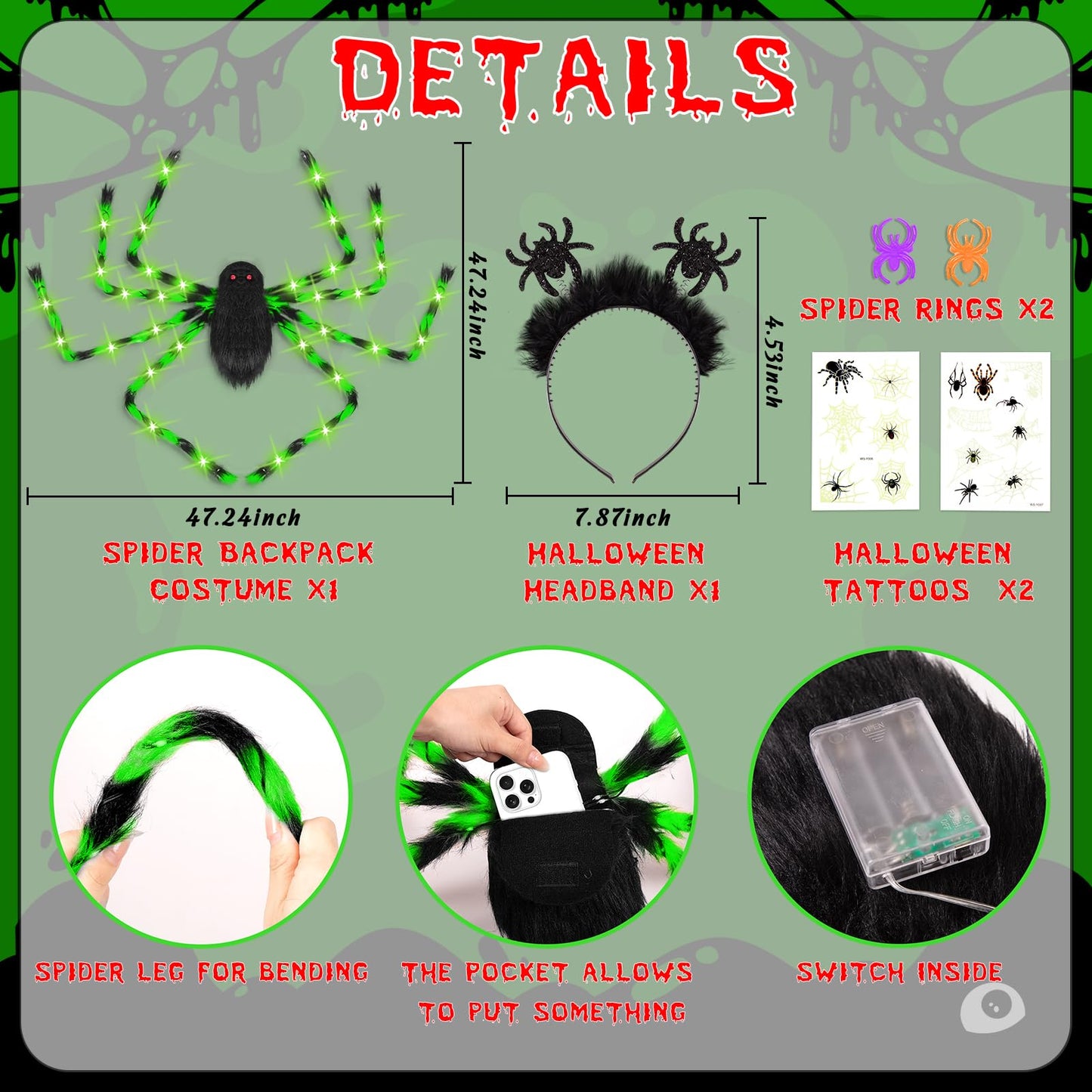 Halloween Spider Costume for Adults Green LED Lights Candy Backpack Headband Ring Tattoos for Trick or Treat Cosplay Halloween Party Decorations Accessories (Batteries Not Included)