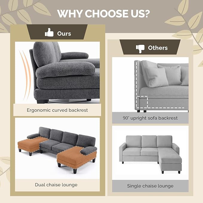 VINGLI 110' U-Shaped Sectional Couch with Two Chaise, Affordable Small Sofa with 4 Seats, Chenille Fabric Comfy Couches for Living Room, Dark Grey