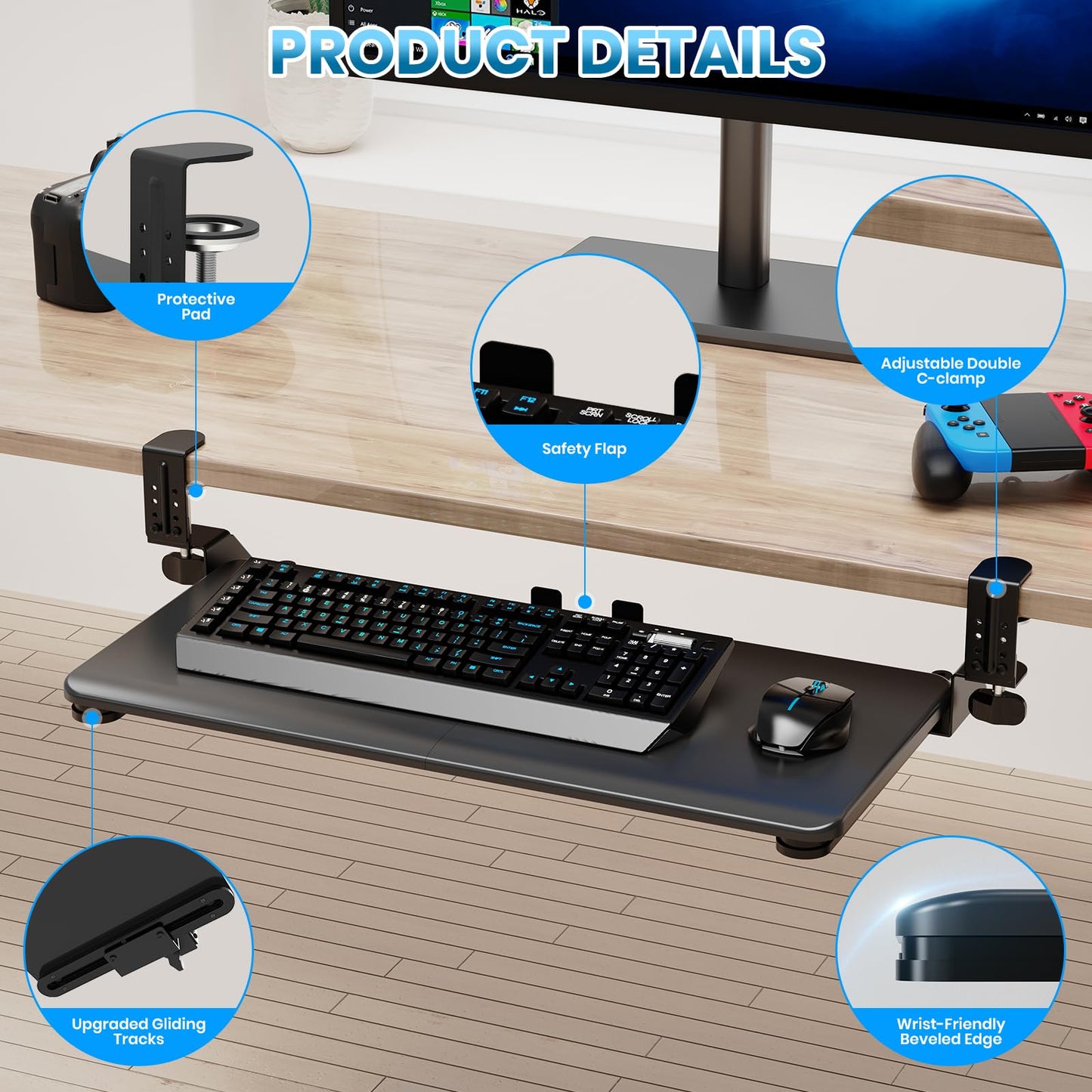 Zontera Large Keyboard Tray That Slides Out from Under The Desk, Pull Out with Adjustable C-clamp, 25.6 x 11.8 Inch Computer Keyboard Drawer Mouse Tray for Typing, Black