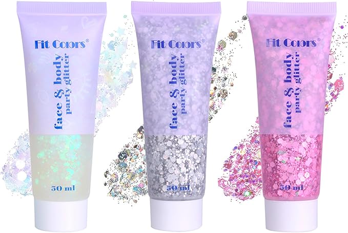 Face Body Glitter Set for Women and Kids, White Silver Pink Holographic Mermaid Sequins Chunky Glitter Makeup for Festival...