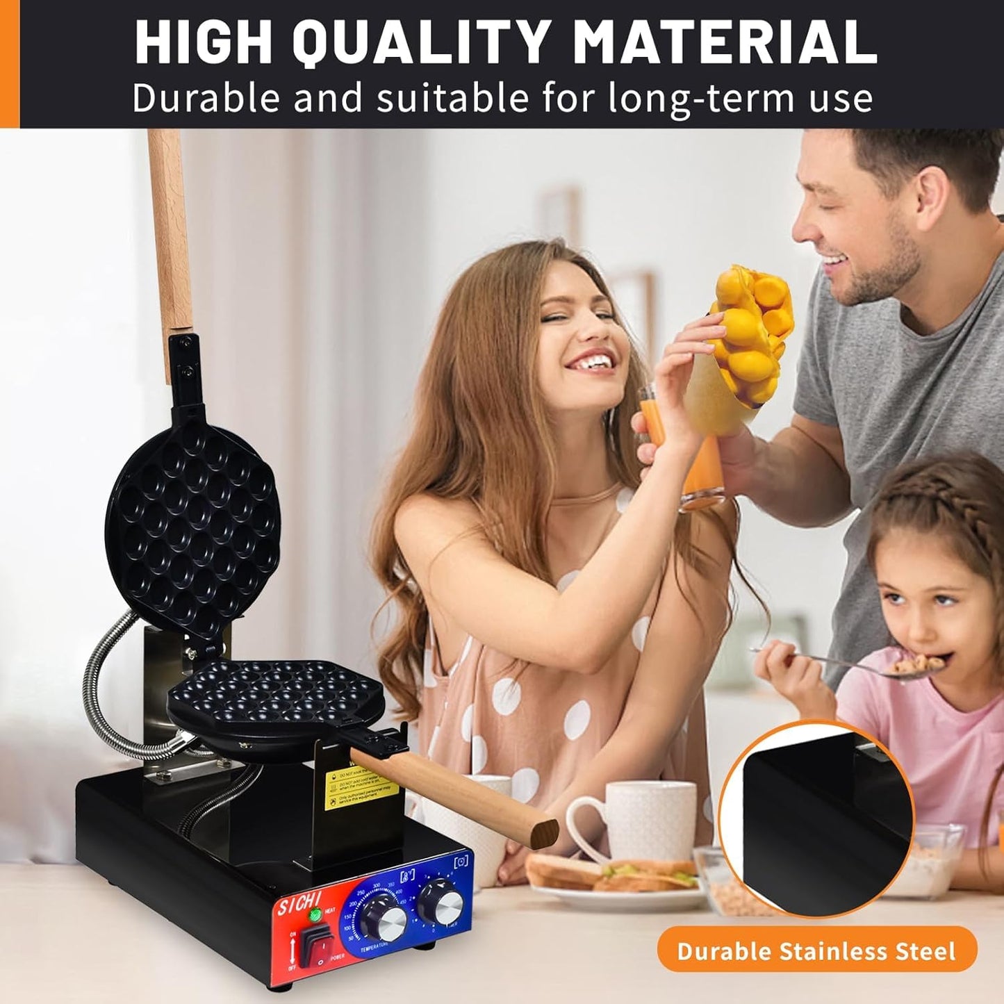 HTTSICHI Bubble Waffle Maker - Commercial Egg Waffle Maker w/Non-stick, Temperature and Timers, 1400W Hong Kong Egg Waffle Iron w/Rotating Baking Pan, Stainless Steel Bubble Waffle Machine Restaurants