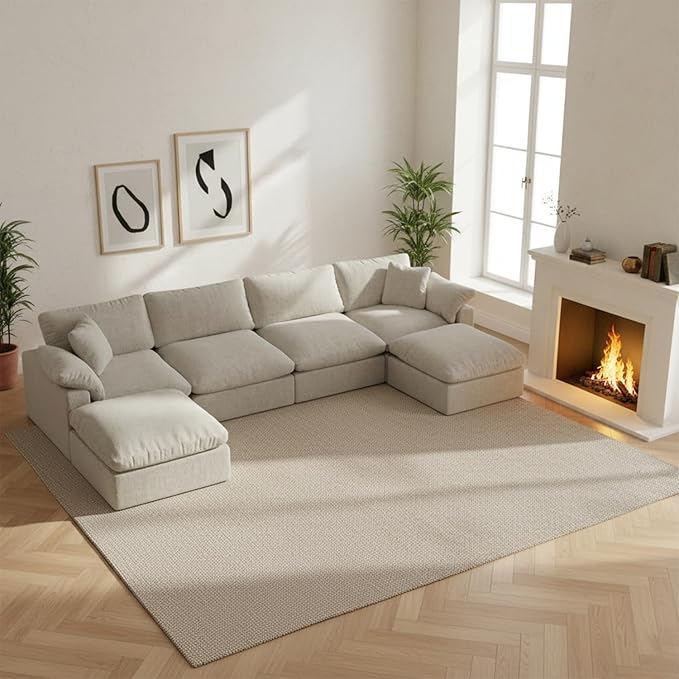 Forest aesthetics Modern Modular Sectional Sofa U-Shaped 6-Seat with Ottoman,Light Beige-Extra Comfty Deep Seat Couch for Living Room,Apartment,Office & Small Spaces