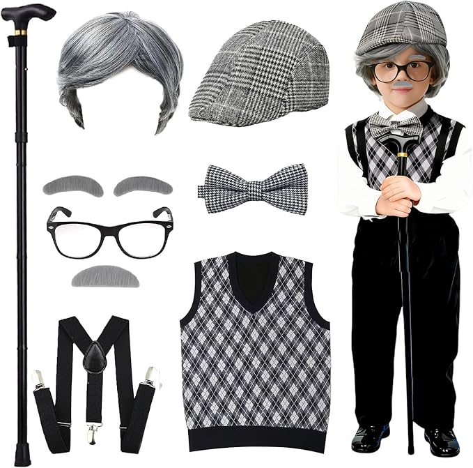 Kevsuvqin Kids Old Man Costume for Boys 9 Pcs Set, 100 Days of School Costume Boys with Adjustable Cane, Wig, Vest(Ages 3-12)