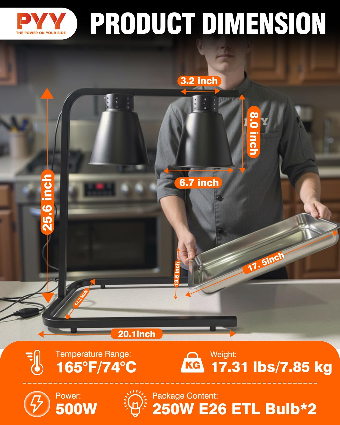 PYY Food Heat Lamp - with Pan and 2-Bulb for Fast and Steady Heaing, 500W Commercial Food Warmer Light, Stainless Steel Warming Lamp with Adjustable Stand, for Restaurant, Catering and Buffet