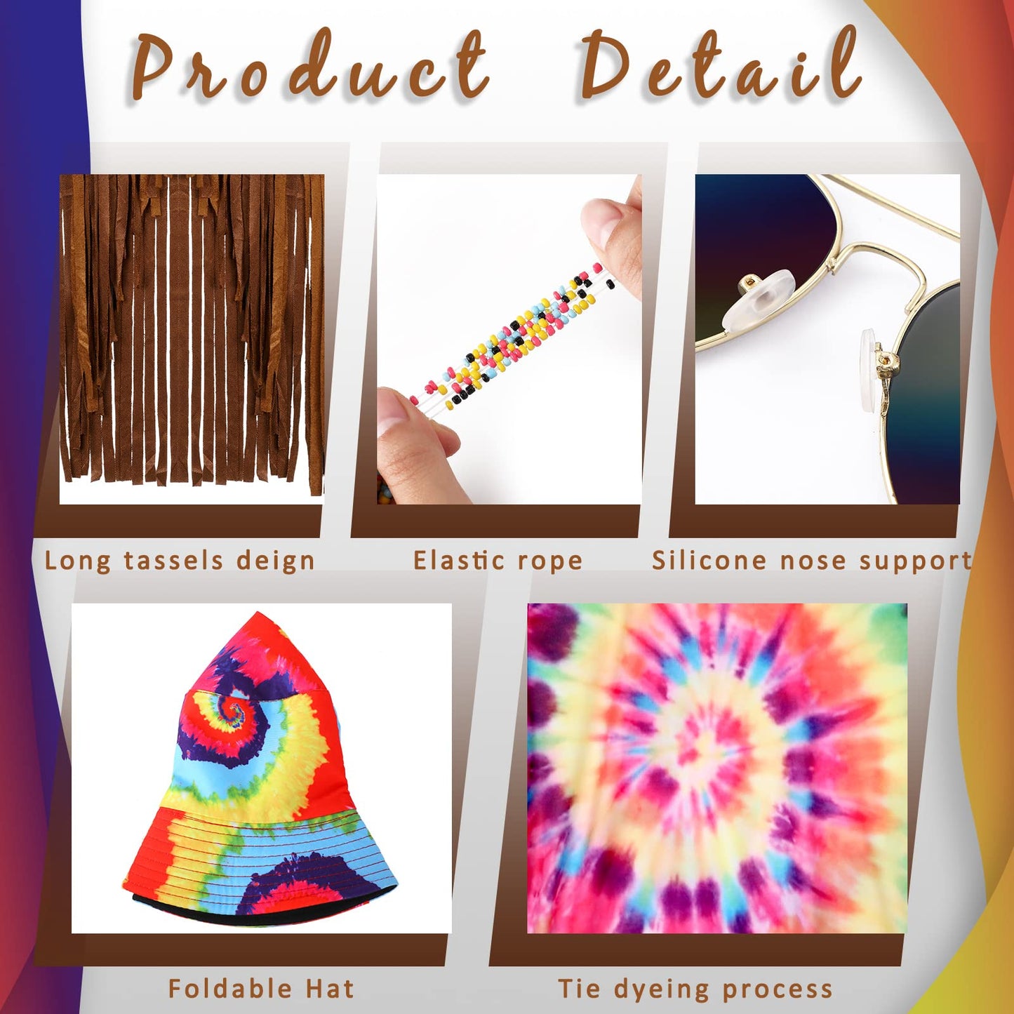 Mepase 6 Pcs 60s 70s Hippie Costume Tie Dye T Shirt Fringed Vest Peace Sign Necklace String Beads Bracelet Hat Sunglasses (Large)