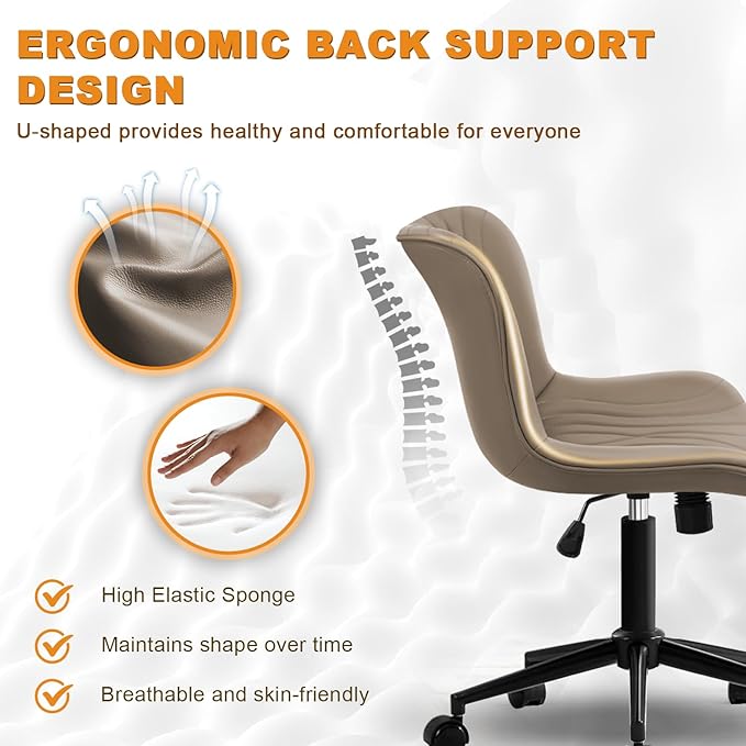 VATROS Office Chair, Armless Desk Chair with Wheels, Ergonomic Comfy Home Office Computer Task Chairs,Faux Leather Padded Cute Vanity Chair, Adjustable Height Swivel Chair with Back, Khaki