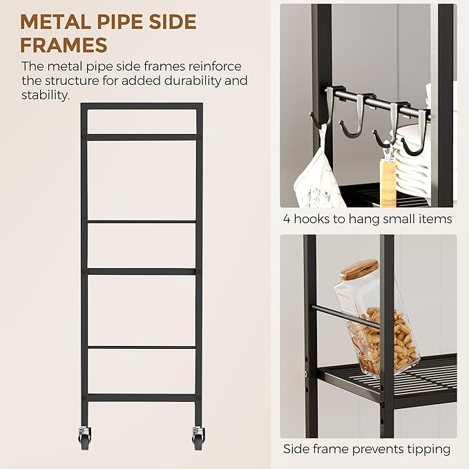XIVIRACK 3-Tier Metal Storage Rack with Industrial Wheels,Mesh Shelving Unit with Wooden Table top,Adjustable Shelf,31.5-Inch Width, for Kitchen, Laundry,Pantry,Plant,Black