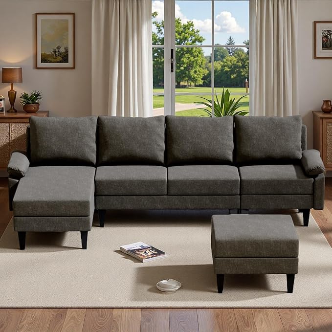 Topcomfy U-Shaped Sectional Couches for Living Room, Convertible 4 Seat Modular Sectional Sofa Set with Ottoman, Modern L Shaped Couch with Chaise for Bedroom Apartment and Office, Chenille Brown