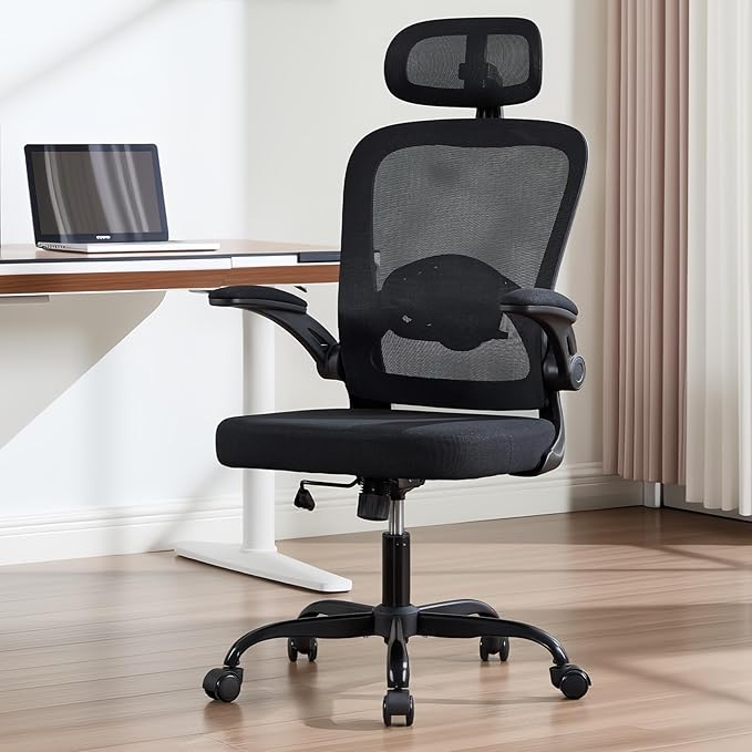 Rishtivin Ergonomic Office Chair with 3D Adjustable Lumbar Support, Mesh High Back, 75° Rotating Headrest, Rocking Function, 300lbs Capacity, Black/White (Black)