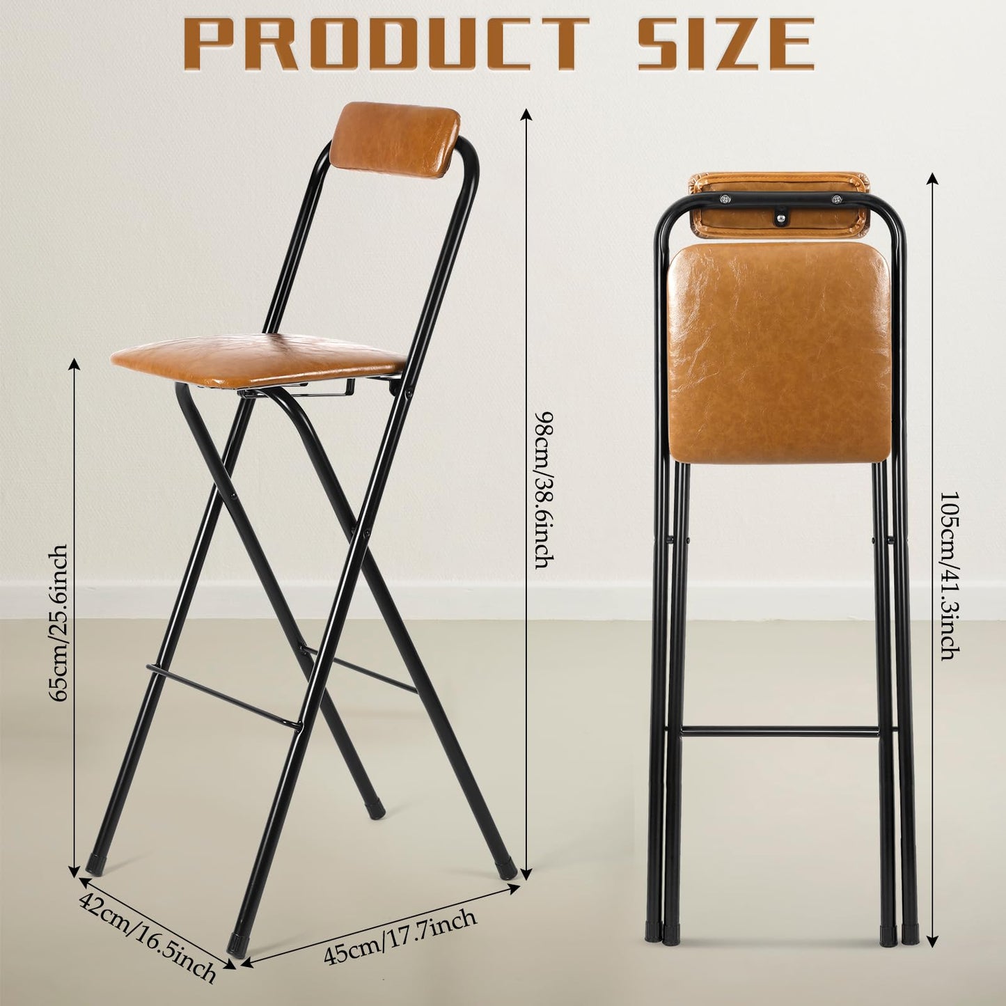 CroBlissful 1 Pcs 25.5'' Folding Bar Stool with Back Tall Brown Leather Folding Stool Cushioned Padded Folding Counter Height Stool Collapsible Portable Barstools for Adults Kitchen Cafe Guitar