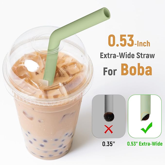 NiHome 6PCS Extra Wide Reusable Bent Silicone Straws for Boba, Smoothies, Bubble Tea, Eco-Friendly Bent Straws for Thick Drinks, Child-Safe, Customizable Length, 2 Brushes for Cleaning (Nature Colors)
