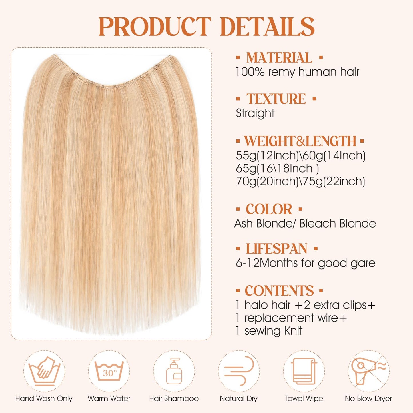 S-noilite Halo Hair Extensions Real Human Hair 14inch Short Straight Halo Hair Extensions for Women Adjustable Ash Blonde/Bleach
