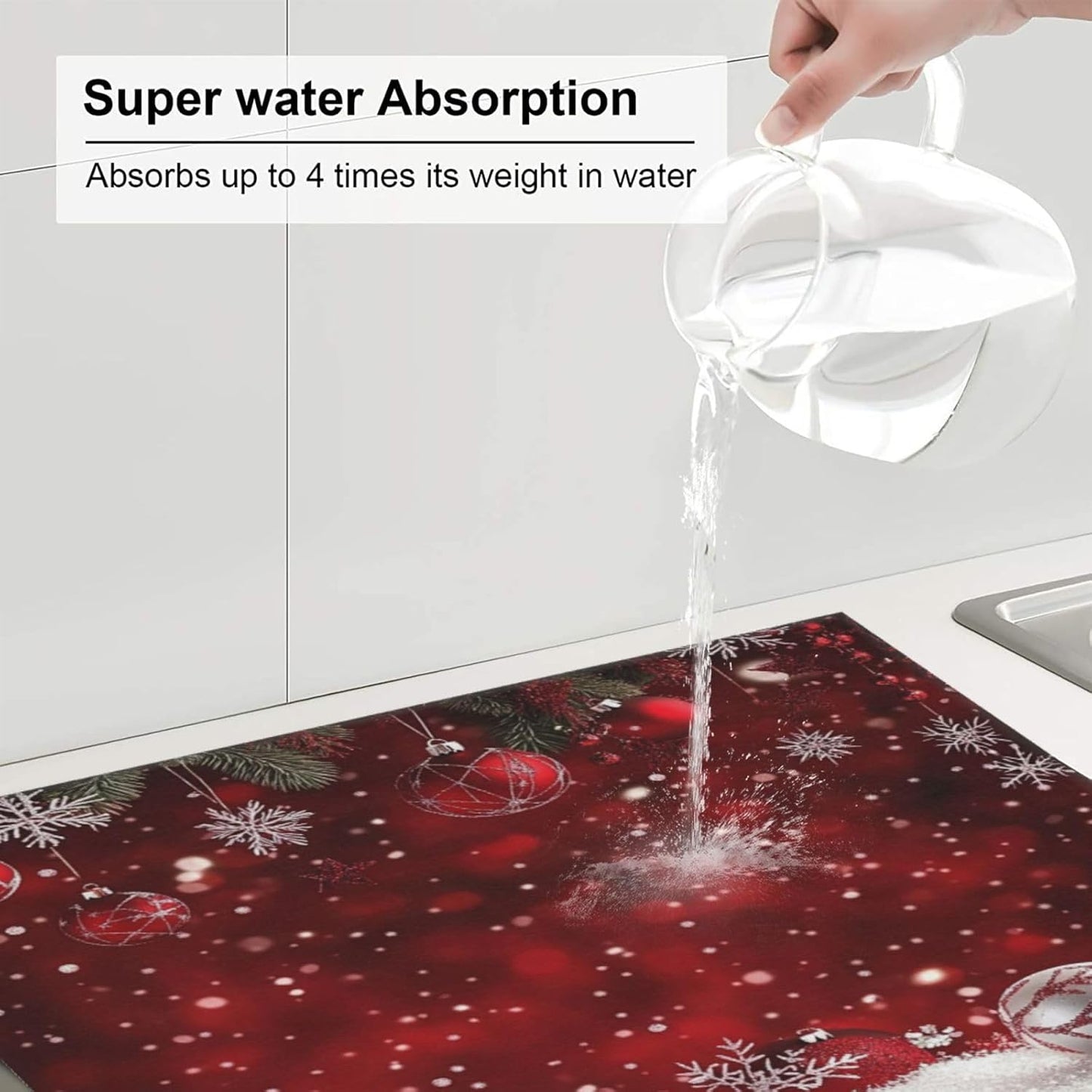 Dish Drying Mat Christmas Red Ball Winter for Kitchen Counter Absorbent 16x18 Inch Microfiber Dishes Plate Glass Dry Draining Pad Reversible Washable