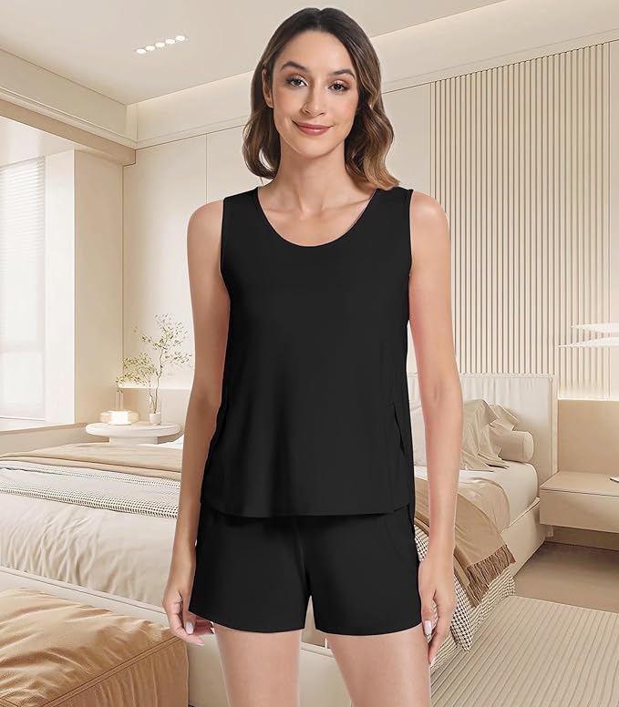 NACHILA Pajamas for Women-Viscose from Bamboo, Ribbed Racerback Tank Top Sexy Split Shorts Pajama Sets Cooling Sleep Cami Pjs