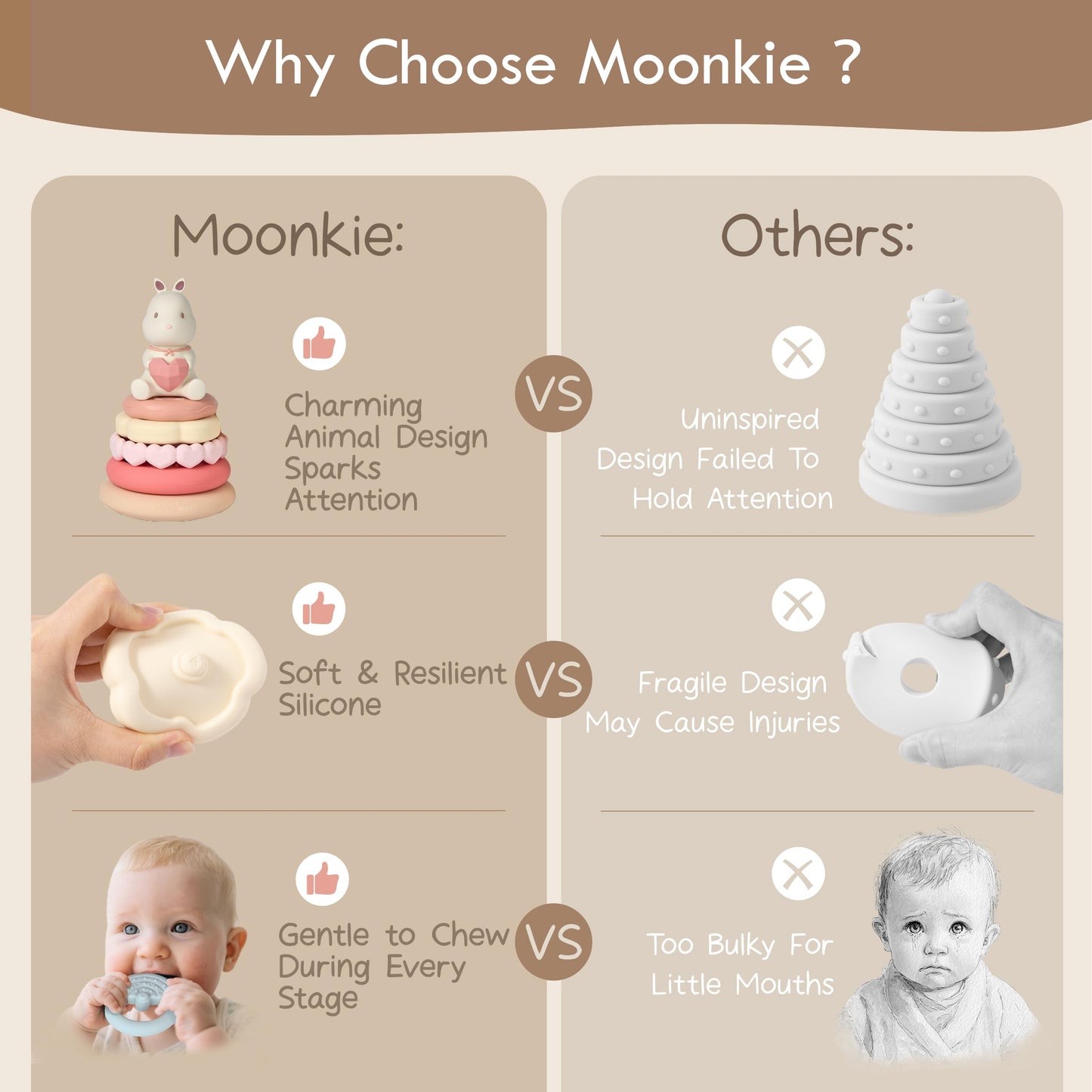 Moonkie Bunny Baby Stacking Toys | 7-Piece Silicone Rings for Teething Relief | Educational Toy for Infants & Toddlers 6 Months+ | Baby Girl Essentials