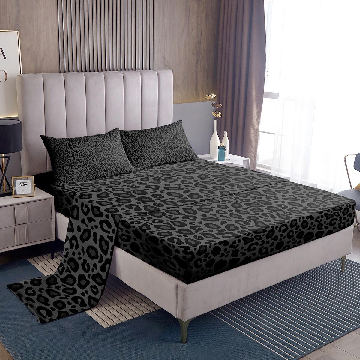 Castle Fairy Leopard Print Fitted Sheet Set Full Size 4 Pcs,Gray Wild Animal Skin Teens Sheets,African Cheetah Wildlife Bedding Sets (1 Fitted,1 Flat,2 Pillowcases) Luxury Deep Pocket Bed Sheets