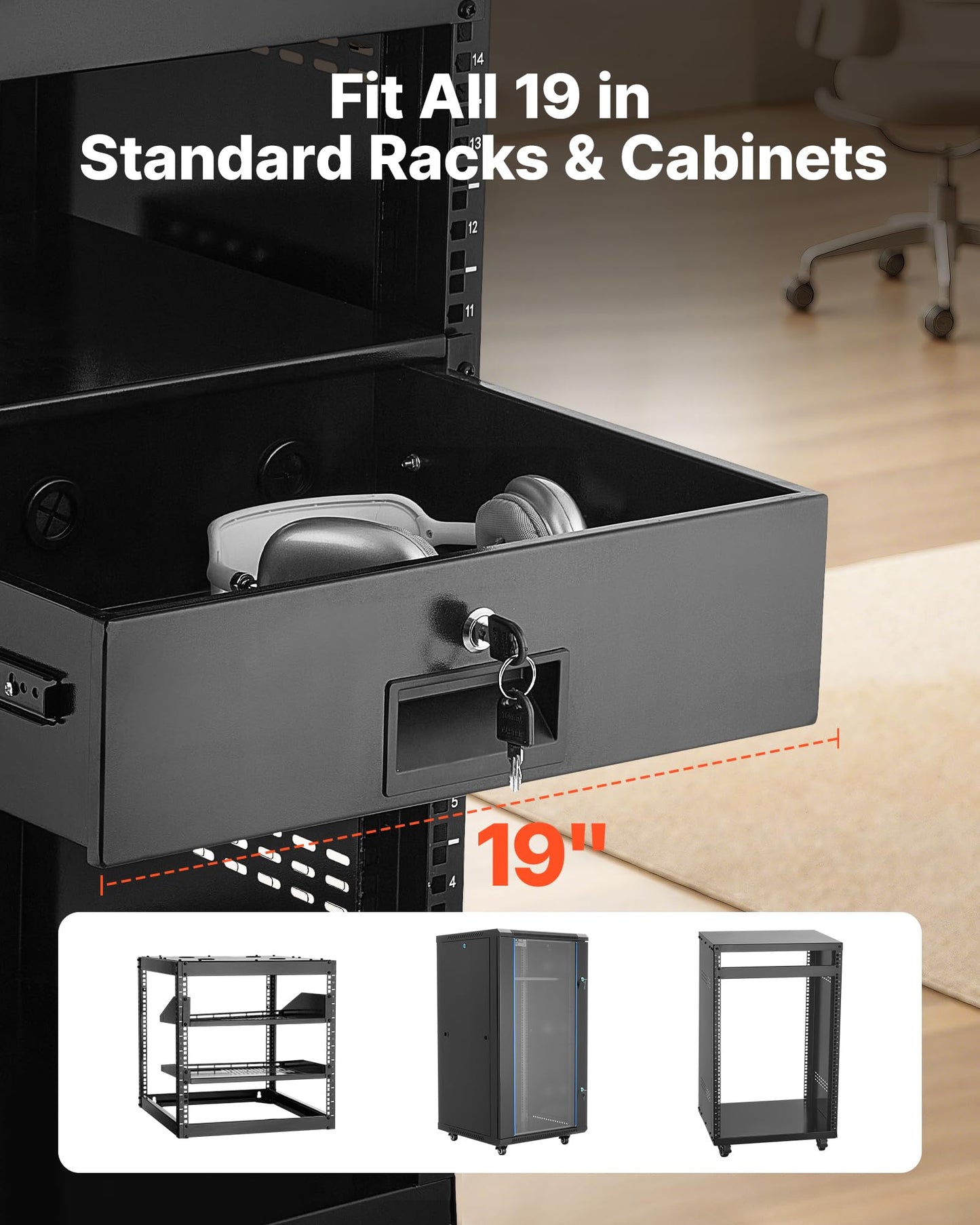 Vevor 3U Rack Drawer, Lockable Server Cabinet Case, 13.8 Depth Server Rack Mount Drawer, For 19 Network Equipment/Dj/Av Rack