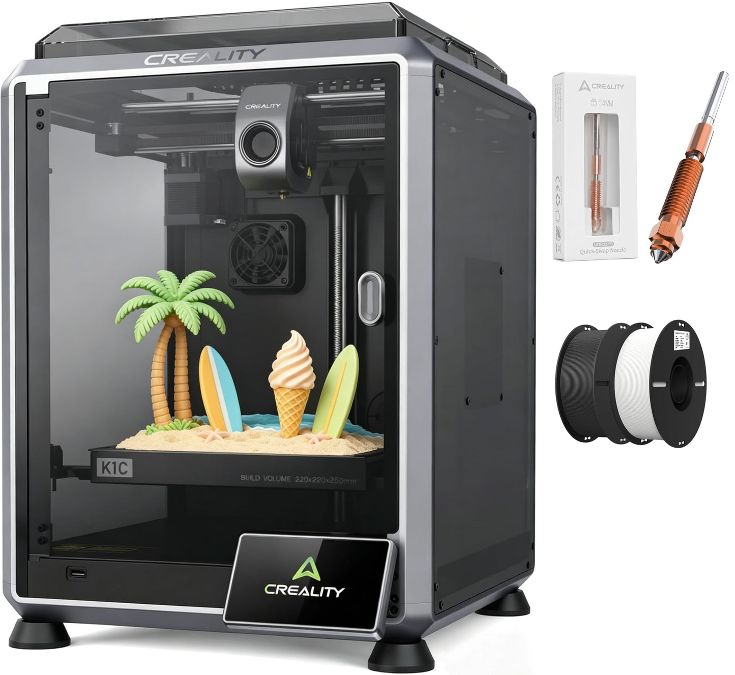 Creality K1C 3D Printer, 600mm/s Fast Speed Auto Leveling 3D Printers Bundle with K1C Quick-Swap Nozzle and Creality 2kg Black & White PLA 1.75mm Filament