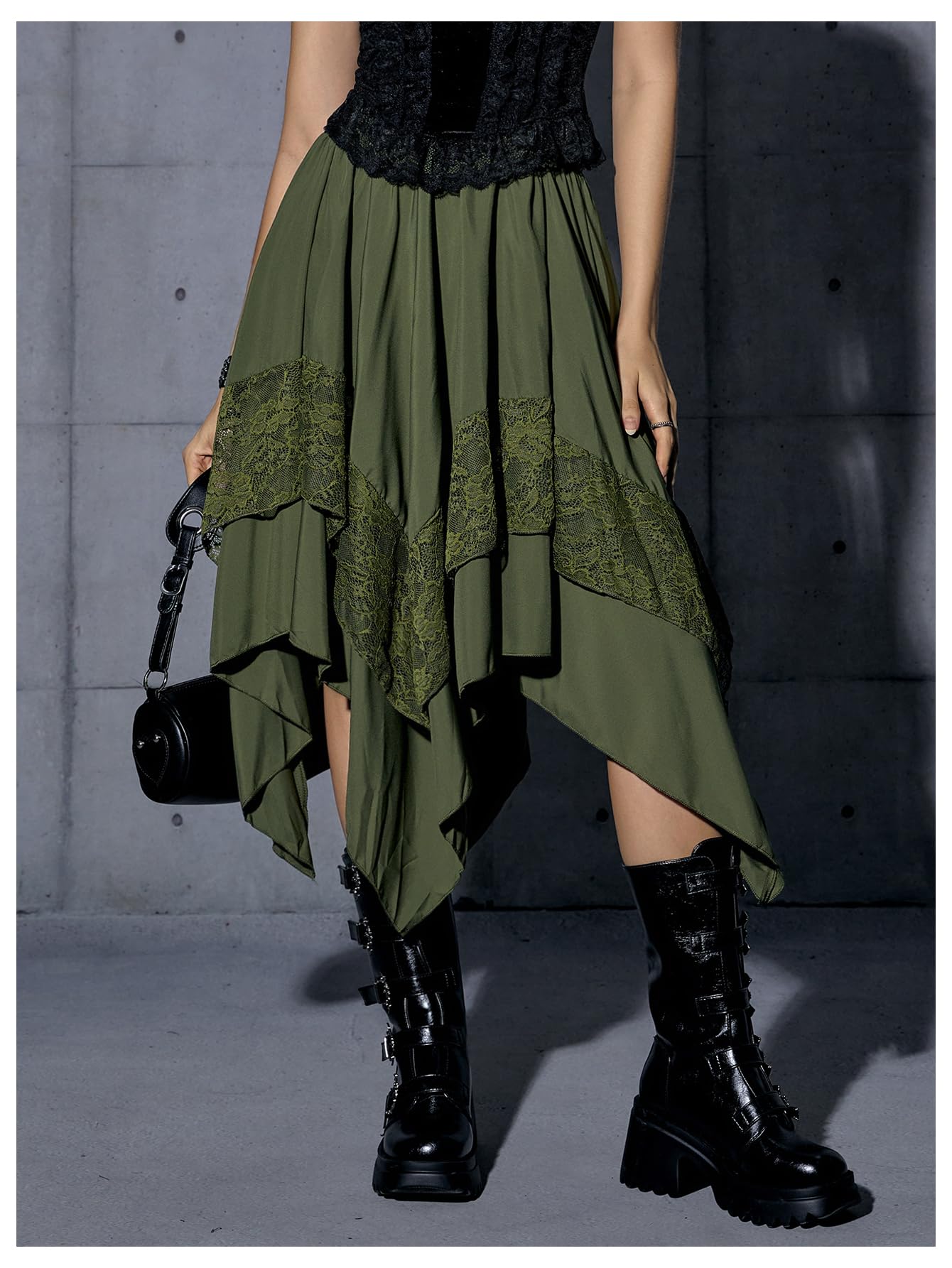 Verdusa Women's Renaissance Flowy Fairy Skirt Y2k Contrast Lace Layered Asymmetrical Midi Skirts Army Green X-Small