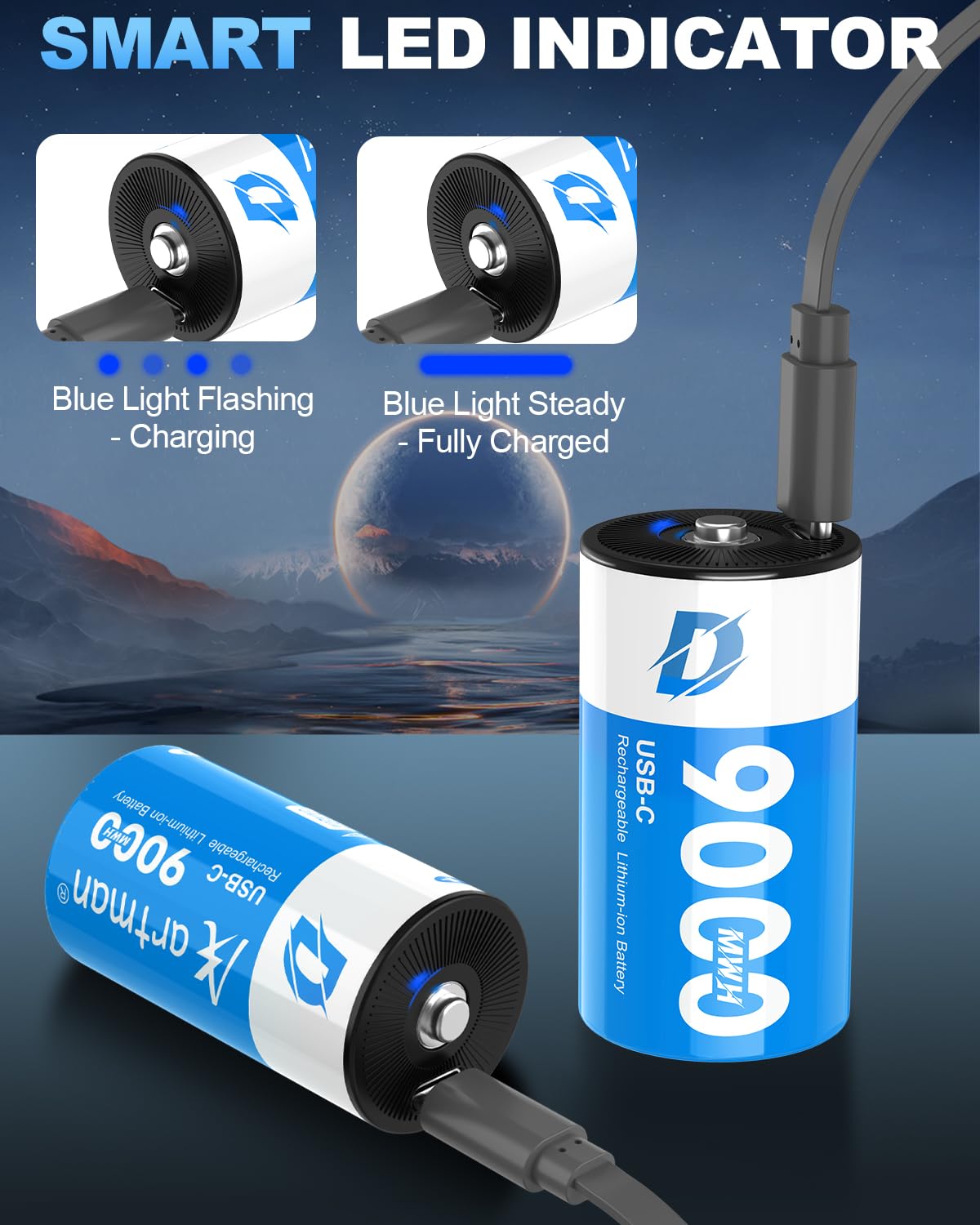 Artman Rechargeable Lithium D Batteries 4 Pack, 9000mWh Rechargeable Lithium-ion D Cell Battery with 2 in 1 USB-C Charging Cable, 1.5V Batteries D Size for Floodlight Toys, Water Heater, Gas Stove