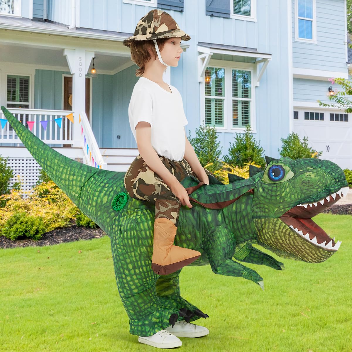 GOOSH Inflatable Dinosaur Costume Kids 55IN Halloween Blow up Costumes for Boys Girls Riding Diplodocus Air Costume for Party