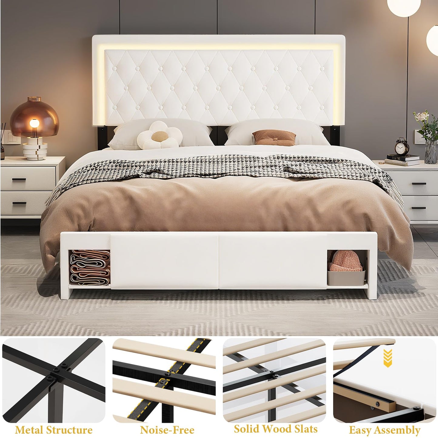 Queen Bed Frame with Sliding Barn Door Storage Cabinets,Bed Frame Queen Size Button Tufted Platform with Adjustable Comfortable Headboard,LED Lights,Charging Station,Solid Wooden Slats,Noiseless