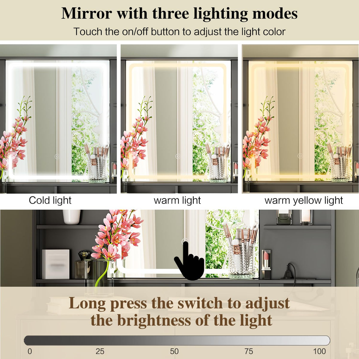 Large Makeup Vanity Desk with Mirror and Lights, Vanity Desk with 8 Drawers & Storage Shelves, Vanity Table with Power Outlet, 3 Color Modes & Adjustable Brightness Dressing Table, Bedroom,Black