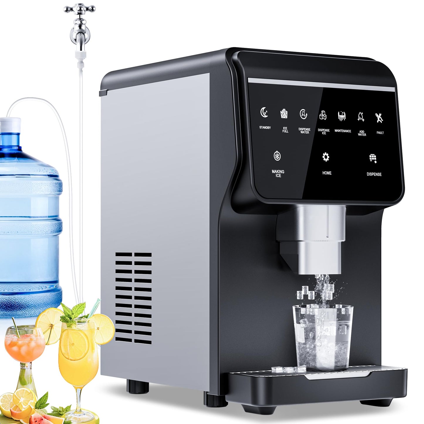 2-in-1 Nugget Ice Maker 66Lbs/24H Soft Chewable Ice, Built-in 6lbs Ice Storage,One-Button Operation Stainless Steels Nugget Ice Machine, Self-Cleaning Function for Office,Party, Home,RV