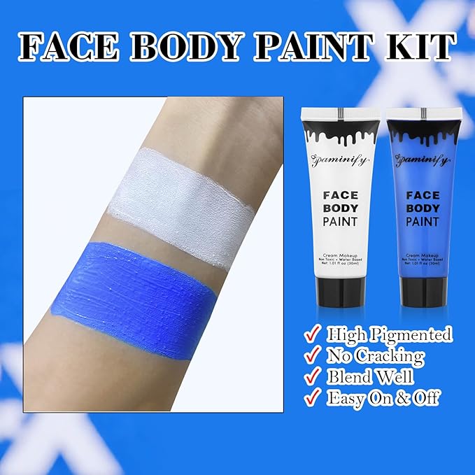 White Blue Face Paint with Sponges,1.01oz/pc Water Based Royal Blue Face Painting Kit for Avatar Smurf Mystique Cosplay Makeup,Halloween SFX Makeup Dark Blue Body Paint for Adults and Kids