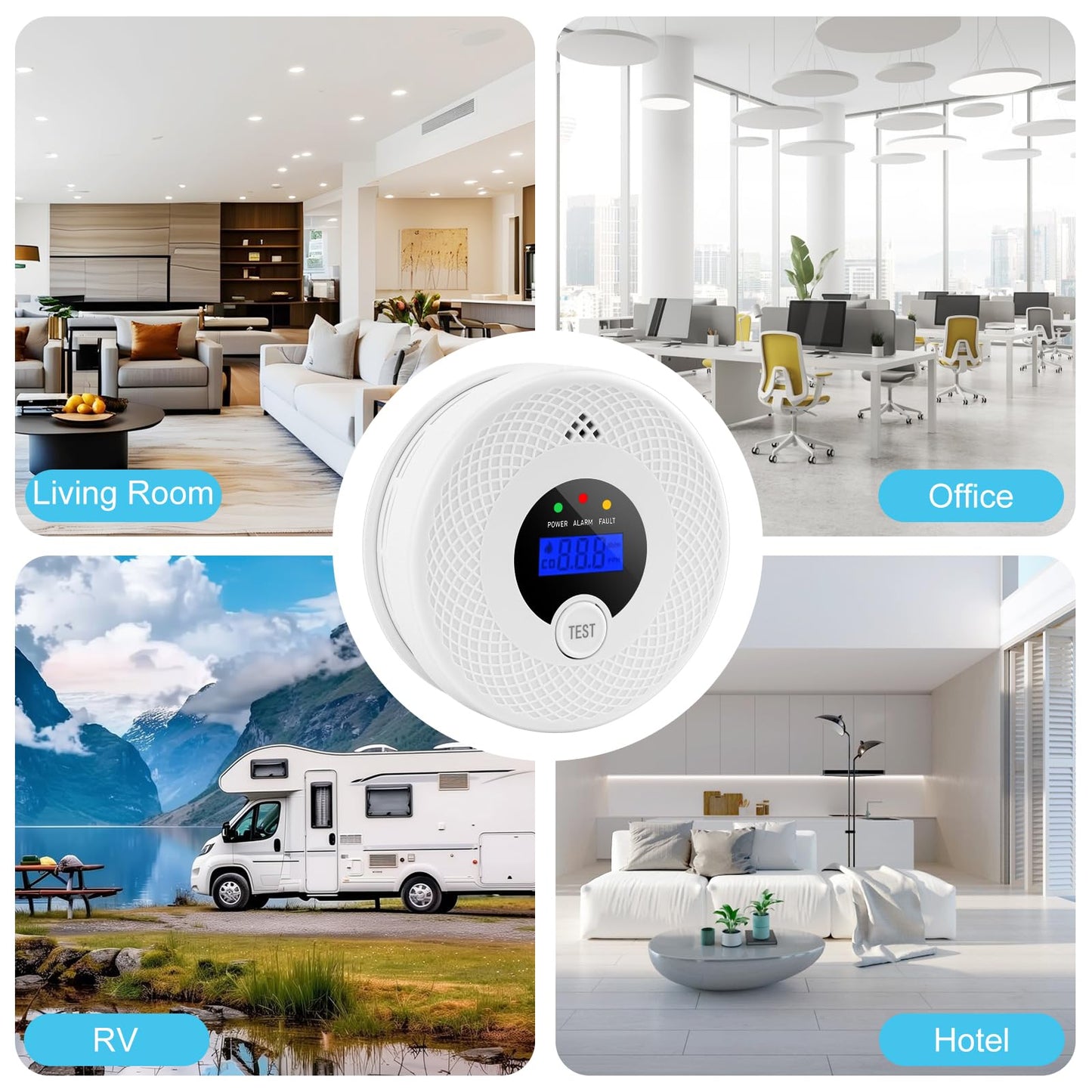 2 Pack Smoke Detector Carbon Monoxide Detector Combo with LED Indicator Lights, LCD Display & 85dB Alarm, Battery-Operated Smoke Alarm and CO Detector for Home, Kitchen, Basement, Bedroom, Office
