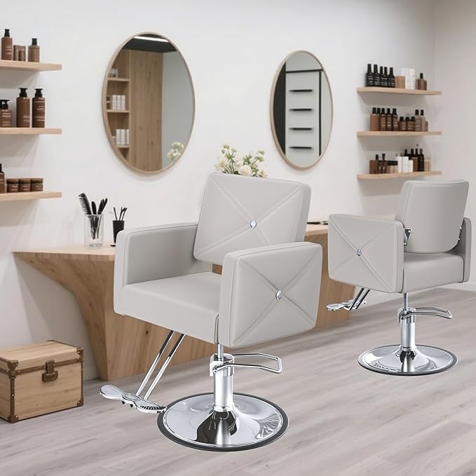 Barber Salon Chair for Hair Stylist with 350Lbs Heavy-Duty Hydraulic Pump, 360° Swivel Hair Styling Chair, Adjustable Height Hairdresser Braider Chairs for Beauty Salon, Tattoo, Spa, Light Gray