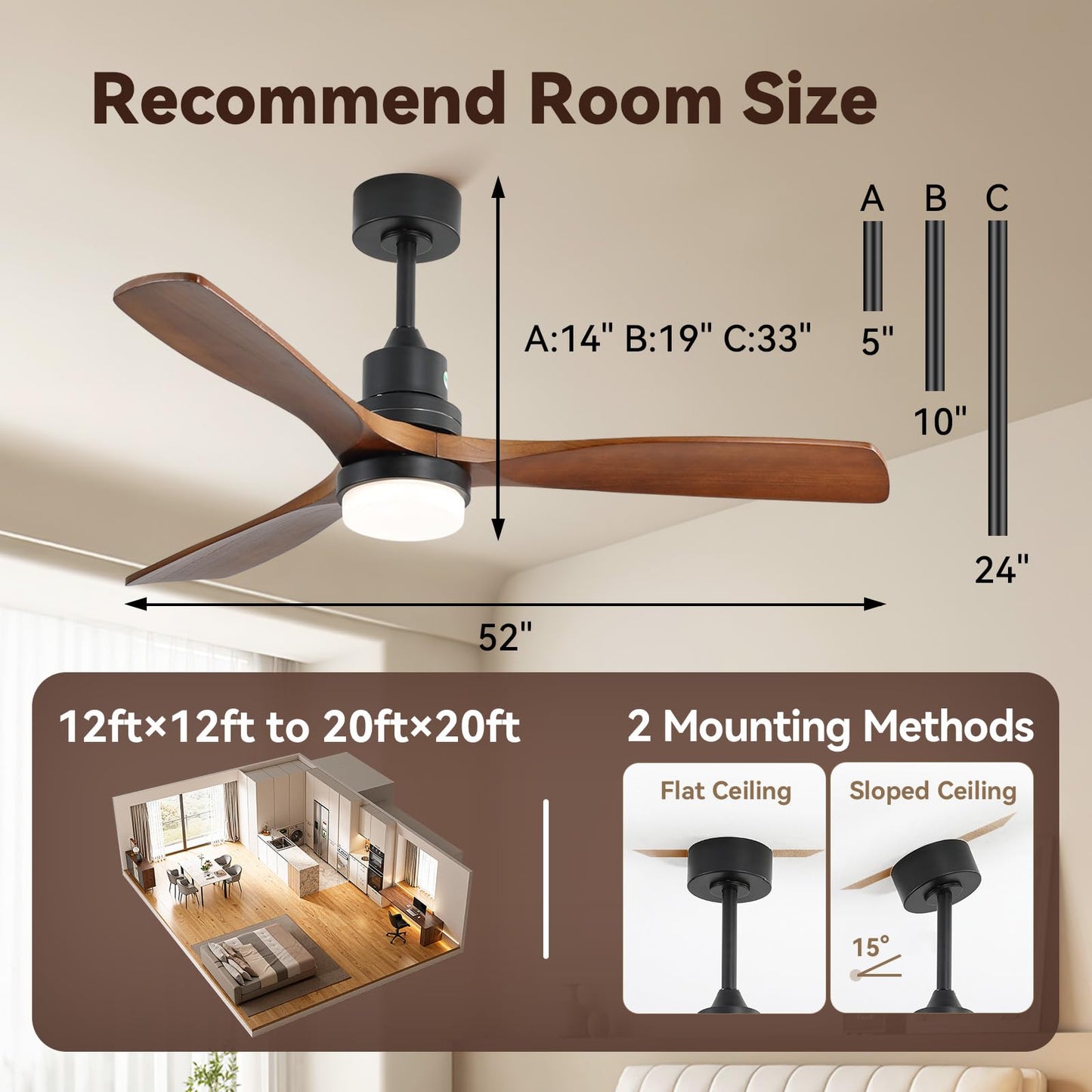 Sofucor 52 Inch Ceiling Fans with Lights and Remote, Low Profile Ceiling Fan with Light Dimmable/Timer, Modern Flush Mount Ceiling Fan 6-Speed Reversible DC Motor for Bedroom Living room Outdoor