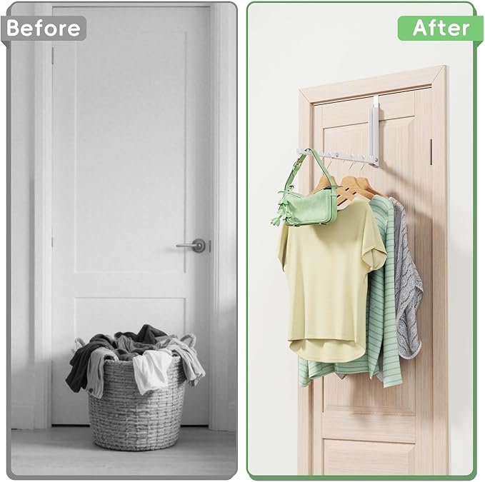 Over The Door Hooks, Extended Over The Door Clothes Hanger with 10 Ridges,Space-Saving Over The Door Rack,Door Hooks for Hanging Clothes,Larger Capacity Over The Door Hanger (1, White)