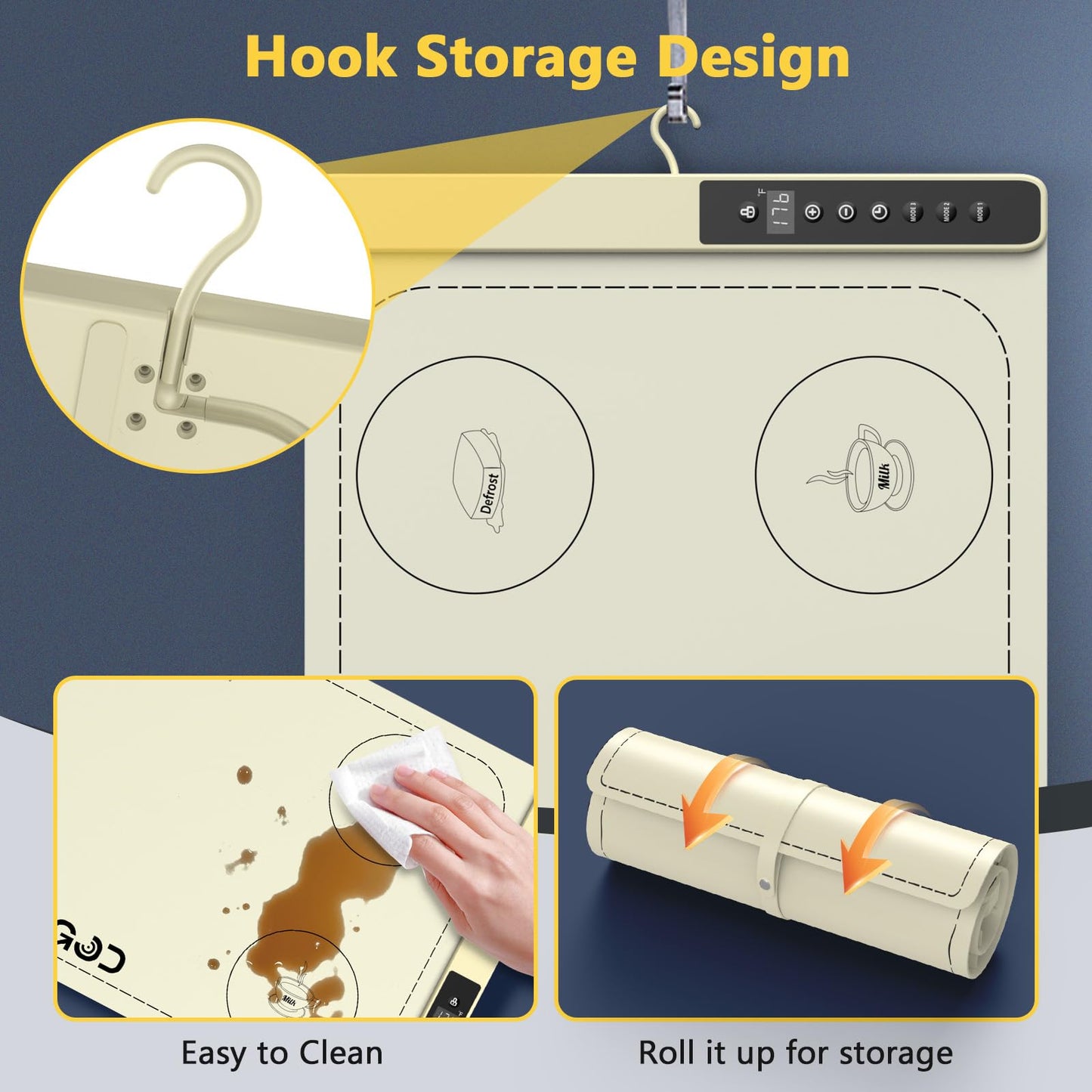 Food Warming Mat with 3-Zone Heating Mode, Redagod Electric Warming Tray with 9 Temperature & 8 Timer Settings, Hook and Roll Up Storage, Portable Countertop Food Heating Mat for Home Daily Use, Beige