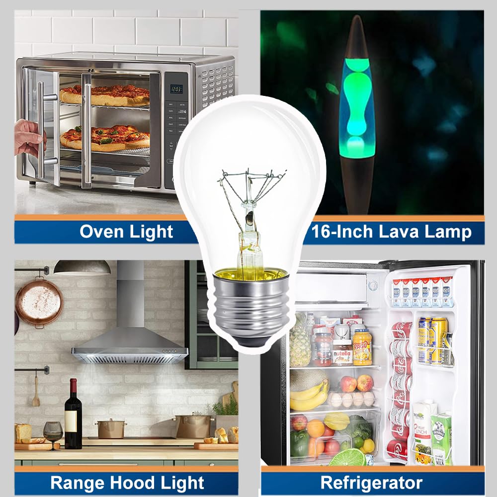 Lava Lamp Bulb 40W E26 Medium Base 120V A15 Appliance Oven Light Bulb for 16.3" Lava Lamp,Microwave Oven, Refrigerator, Over Stove Range Hood,High Temperature 300 Degrees Resistant,Warm White,4 Pack