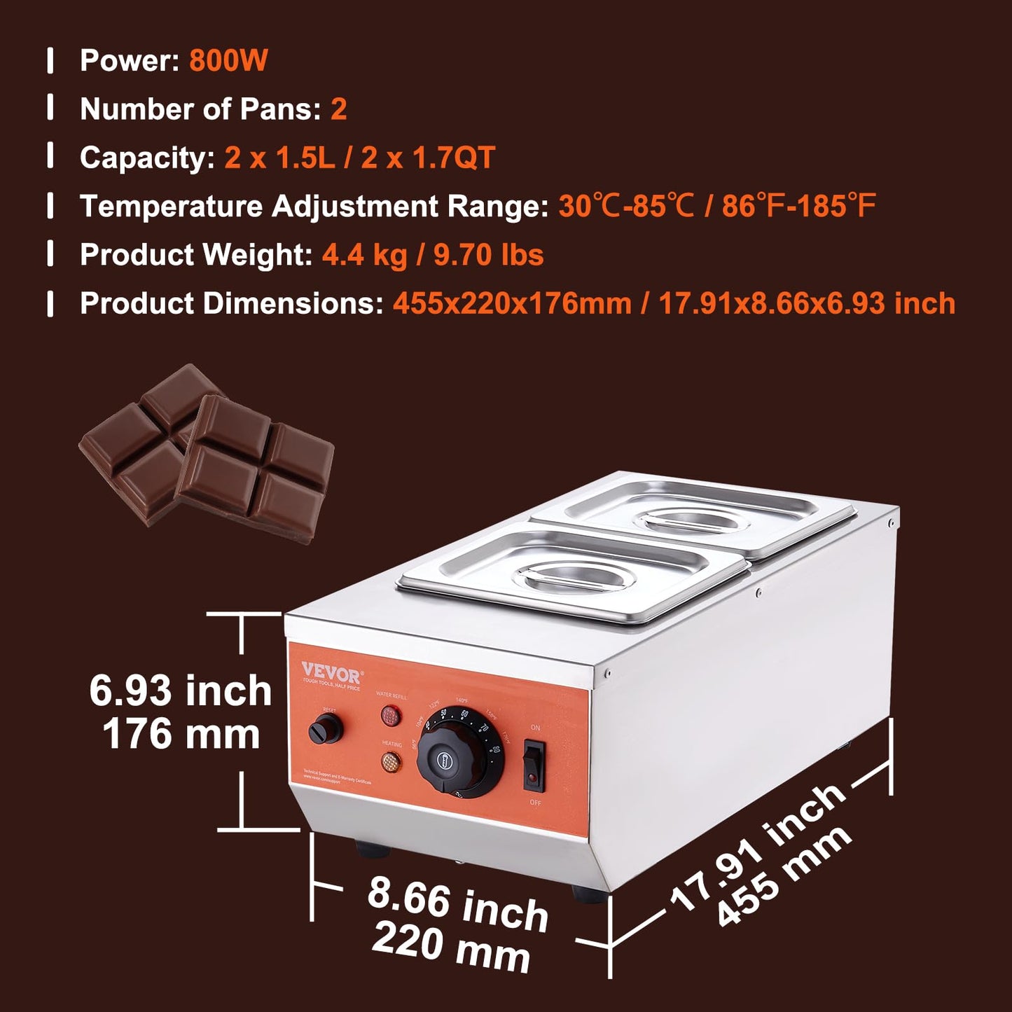 VEVOR Chocolate Tempering Machine, 9 Lbs 2 Tanks Chocolate Melting Pot TEMP Control 86~185℉, 1500W Stainless Steel Electric Commercial Food Warmer For Chocolate/Milk/Cream Melting and Heating