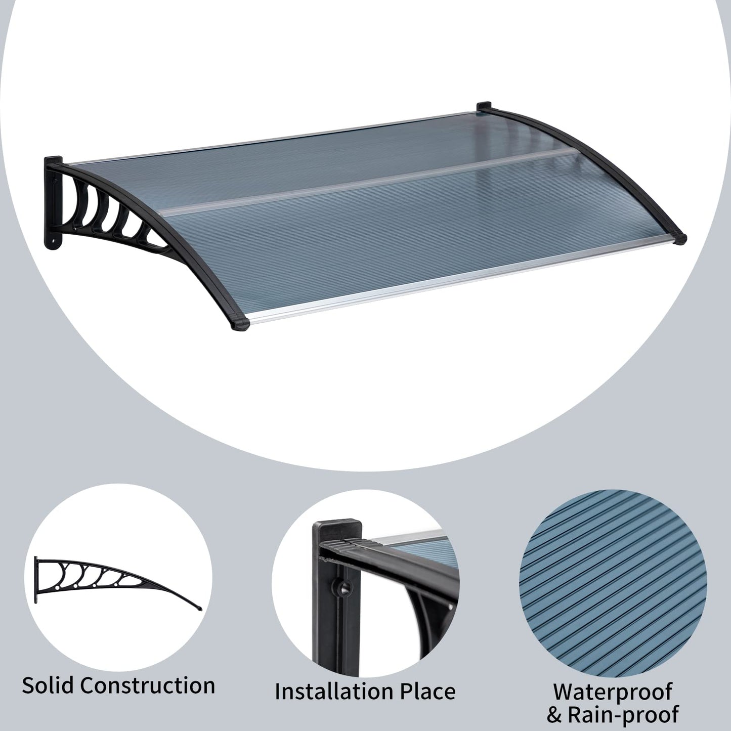MATICO 58.5" Outdoor Clear Door Awning Patio Window Cover Polycarbonate Rain & Snow Protection, Modern Hollow Sheet with UV Protection Cover, Window Door Awning Canopy,Smoke Gray/Black-Edge