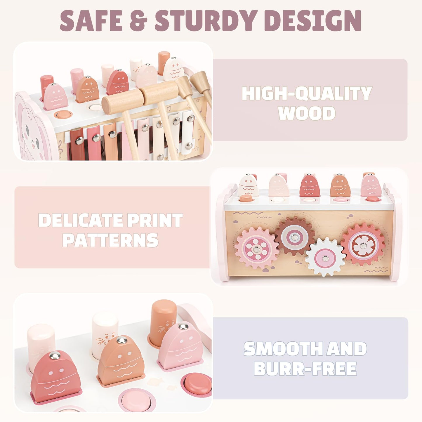Joyreal Montessori Toys for 1 Year Old Girl Gift - Pink Wooden Hammering Pounding Toy with Xylophone & Fishing Game - Toddler Learning Activities for Kids 1+ 2 3 Year Old Christmas Birthday Gifts