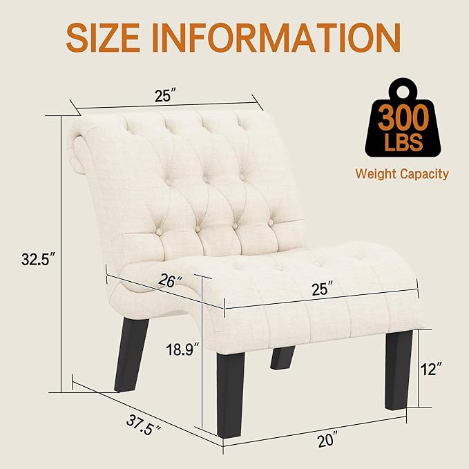 Yongqiang Accent Chairs Set of 2 Mid Century Modern Tufted Upholstered Chair for Living Room Bedroom Curved Armless Side Chairs with Wood Legs Linen Fabric