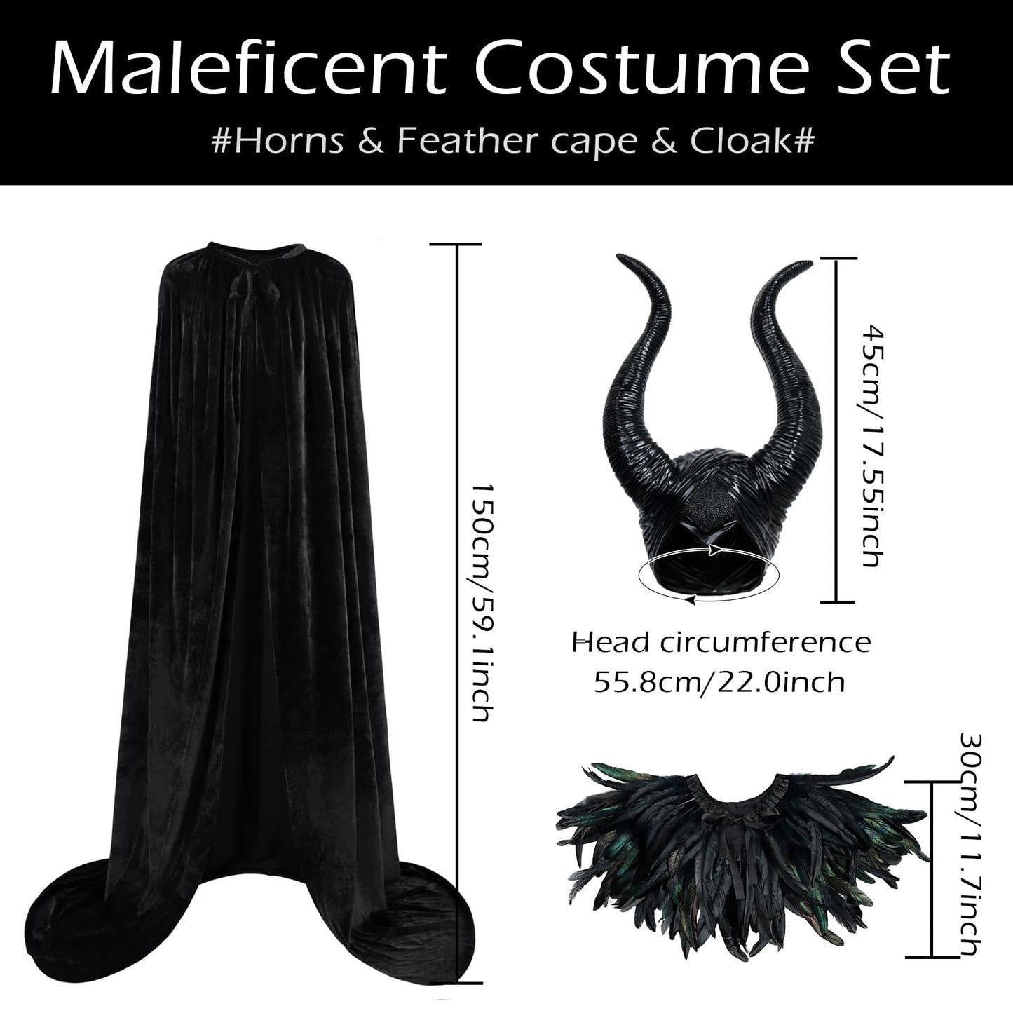 L'VOW Feather Shawl Cape Black Cloak with Demon Horns Set - Women's Halloween Wicked Queen Maleficent Costume