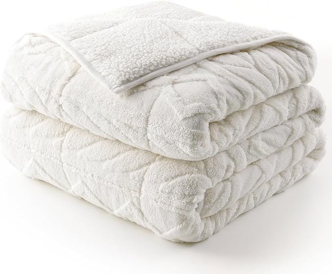 Cottonblue Jacquard Weighted Blanket 15lbs for Adults Queen Size, Ultra Soft Cozy Comfort Sherpa Blanket for Relax and Sleep, Heavy Bed Blankets with Cemaric Beads, 60x80 Inches, Cream White