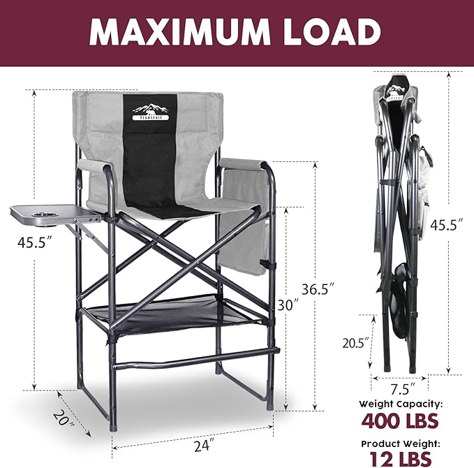 Tisetrail Tall Directors Chair 30" Seat Height, Bar Height Folding Chair with Side Table, Foldable Camping Chair with Side Pocket for Makeup Artist, Sports Event, Supports 400LBS - Black/Gray