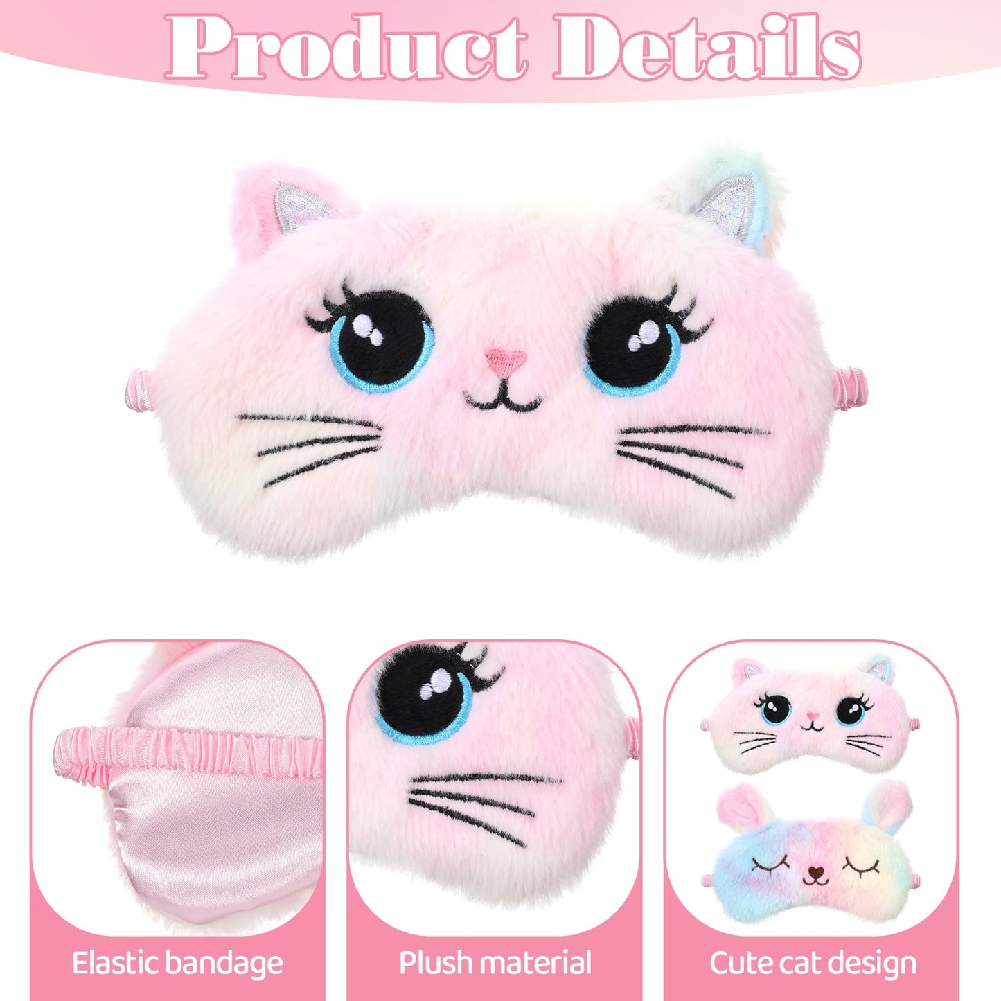 Plush Sleep Mask, 2 Pcs Cute Soft Sleeping Eye Mask Colorful Plush Eye Covers for Sleeping Comfortable Funny Animal Night Sleep Masks for Women Home Travel Sleepover Party (Cat, Rabbit)