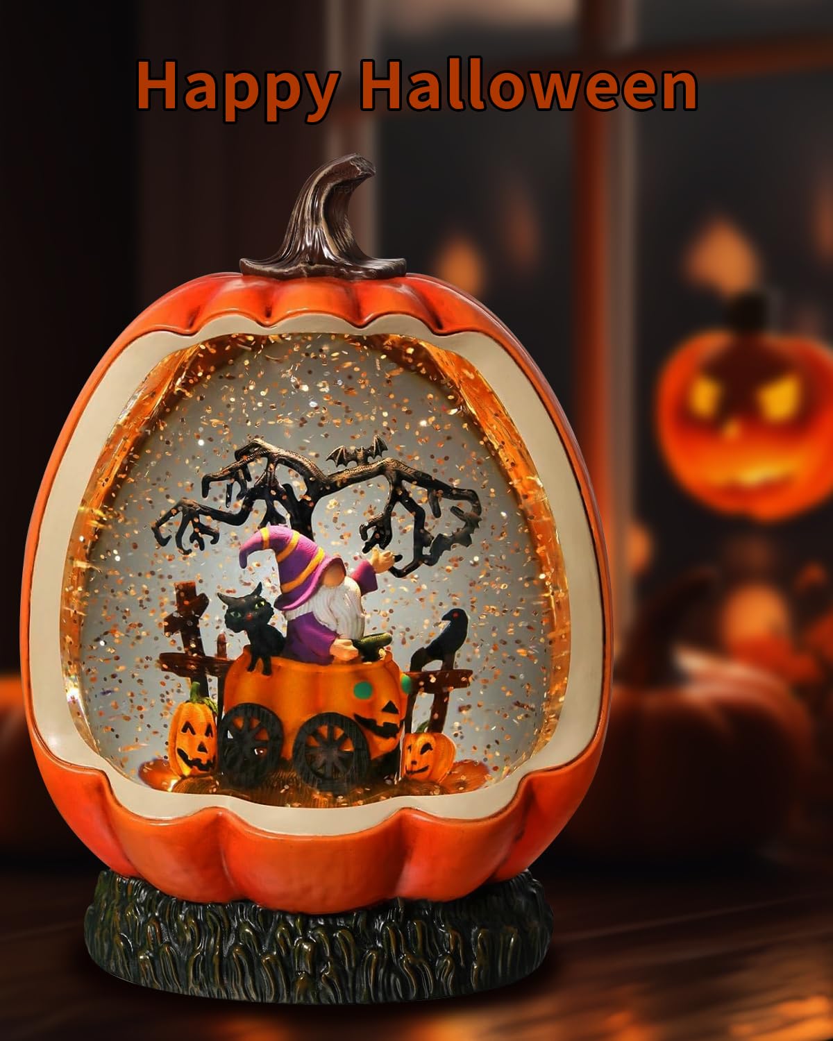 Halloween Pumpkin Snow Globe with Gnome Inside for Halloween Decorations, with Rotating and Lighting Functions，USB or Battery Operated