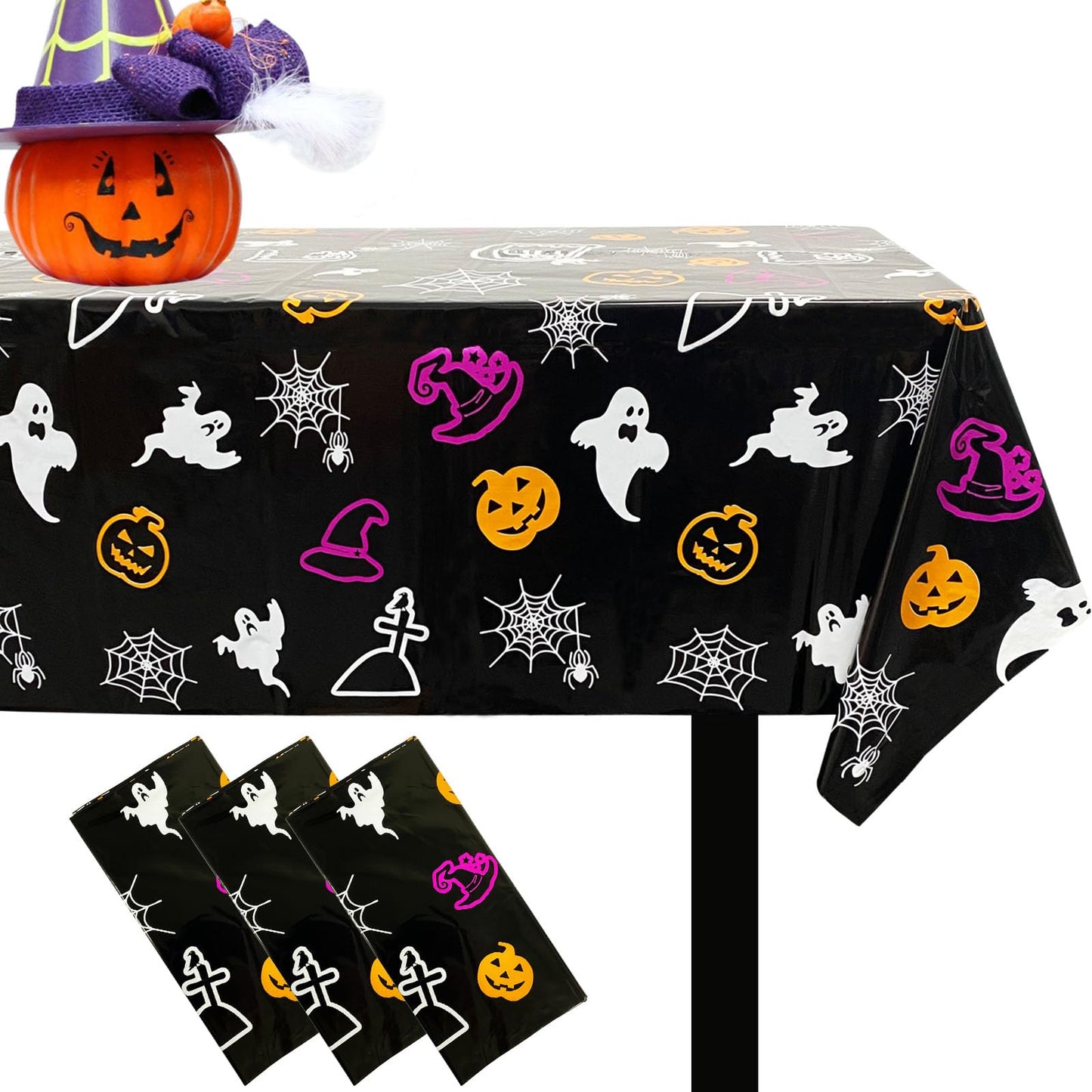 Plastic Spider Web Tablecloth - Disposable Halloween Table Cover for Haunted House Decorations - Black Rectangle - Tabletop Decor (54" x 108")