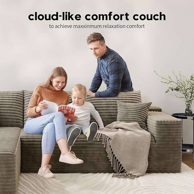 139.4" Modular Sectional Sofa, L-Shaped Minimalist Couches with Middle Seat Chaise, Modern Deep Seat Convertible Sleeper Sofa,Cloud Plush Corduroy Fabric, No Assembly Required, 5 Seater, Camel