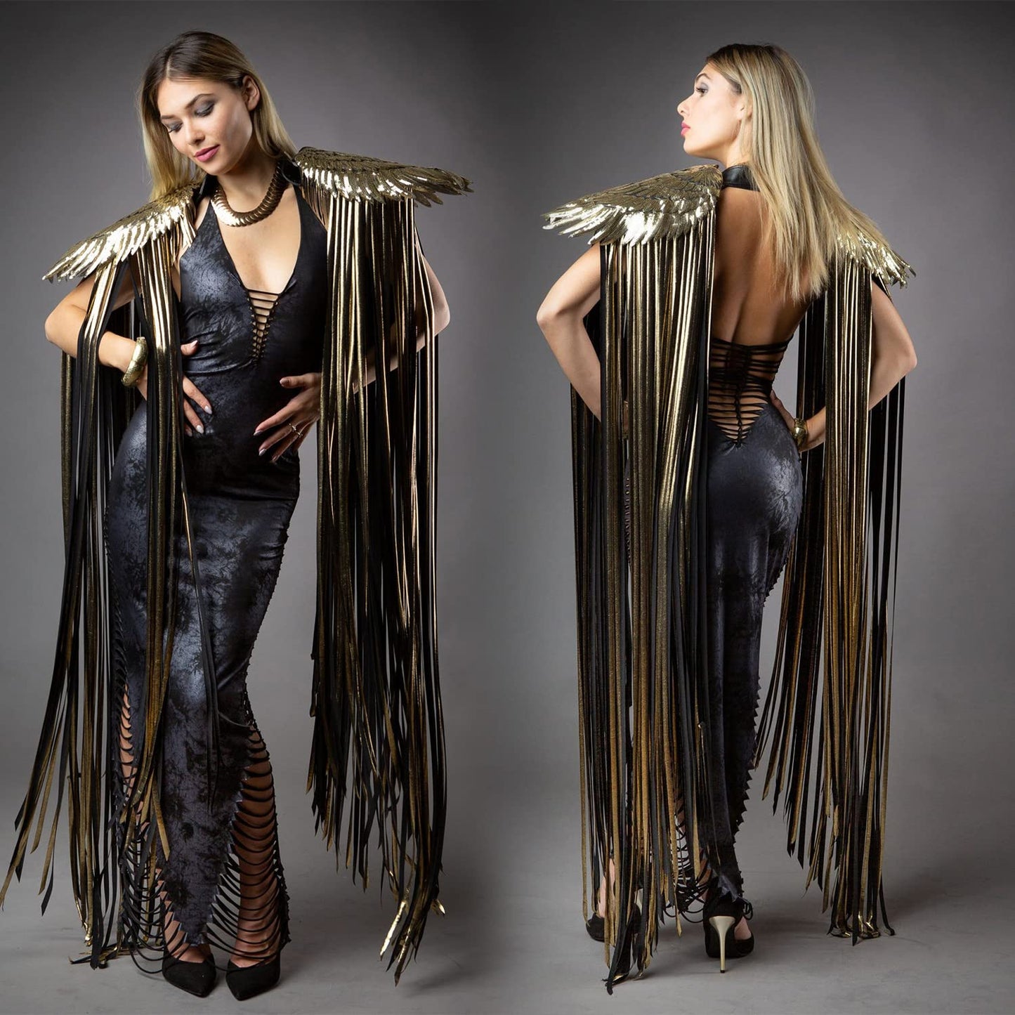 Ypser Shoulder Pieces with Fringed Angel Wings Cape Shawl for Burning Men Halloween Cosplay Golden